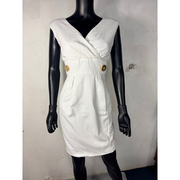 Helene Berman London Designer Dress Shift V Neck Chevron Yellow White Z 8 - Picture 9 of 12